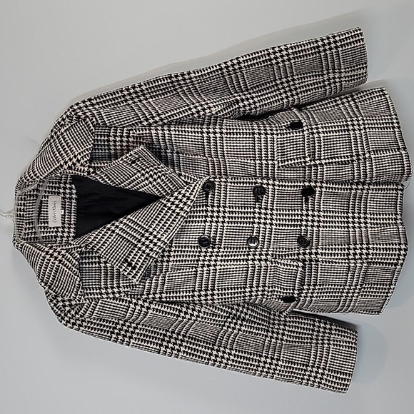 Calvin Klein double breasted black white houndstooth pea coat size 14 - Picture 1 of 8